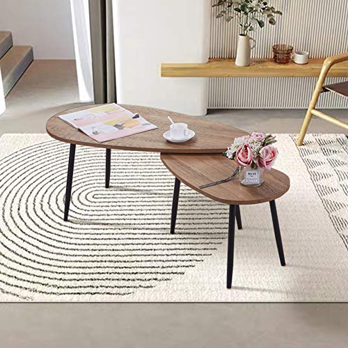 GOLDFAN 2er Set Couchtisch Rund Holz Moderner Wohnzimmertisch Beistelltisch Set Wohnzimmer Holz Tisch Oval Kaffeetisch, Braun von GOLDFAN