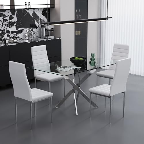 GOLDFAN Essgruppe Esstisch Set 110cm mit 4 Kunstleder Hochlehner Stühlen Küchentisch Glas mit 4 Stuhl für Küche Esszimmer Wohnzimmer (Weiß) von GOLDFAN