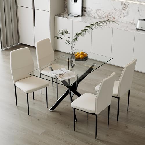 GOLDFAN Essgruppe Glas Esstisch mit 4 Stühlen Set Rechteckiger Esstisch und 4 Beige Rückenlehne Esszimmerstuhl für Küche Wohnzimmer Büro von GOLDFAN