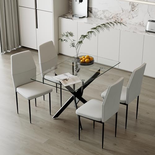 GOLDFAN Essgruppe Glas Esstisch mit 4 Stühlen Set Rechteckiger Esstisch und 4 Grauweiß Rückenlehne Esszimmerstuhl für Küche Wohnzimmer Büro GOLDFAN Essgruppe Glas Esstisch mit 4 Stühlen Set Rechteckiger Esstisch und 4 Grauweiß Rückenlehne Esszimmerstuhl für Küche Wohnzimmer Büro von GOLDFAN