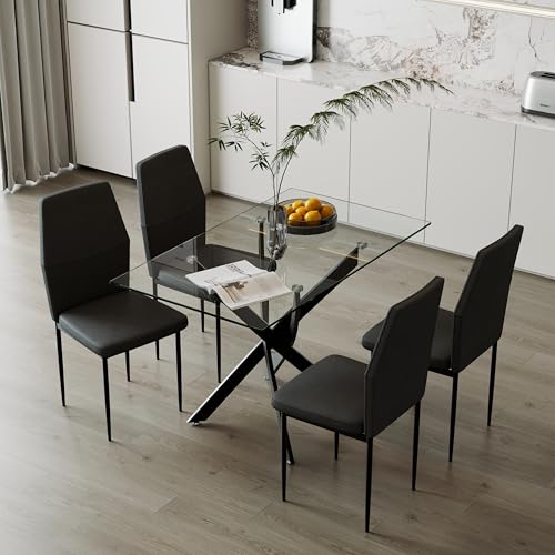 GOLDFAN Essgruppe Glas Esstisch mit 4 Stühlen Set Rechteckiger Esstisch und 4 Schwarz Rückenlehne Esszimmerstuhl für Küche Wohnzimmer Büro von GOLDFAN