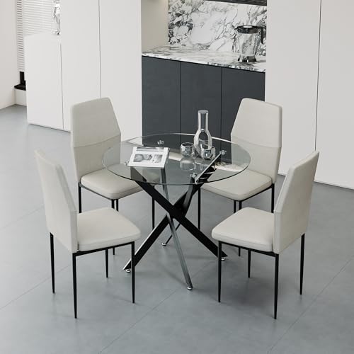 GOLDFAN Essgruppe Rund Esstisch mit 4 Stühlen Esstisch Glas Küchentisch Tischbeine Beige Esszimmerstuh, 80cm von GOLDFAN