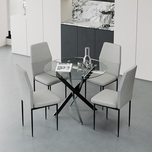 GOLDFAN Essgruppe Rund Esstisch mit 4 Stühlen Esstisch Glas Küchentisch Tischbeine Grauweiß Esszimmerstuh, 80cm GOLDFAN Essgruppe Rund Esstisch mit 4 Stühlen Esstisch Glas Küchentisch Tischbeine Grauweiß Esszimmerstuh, 80cm von GOLDFAN