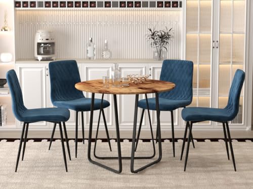 GOLDFAN Essgruppe Rund Esstisch mit 4 Stühlen Esstisch Holz Retro Küchentisch Tischbeine Blau Esszimmerstuhl aus Samt, 80cm von GOLDFAN