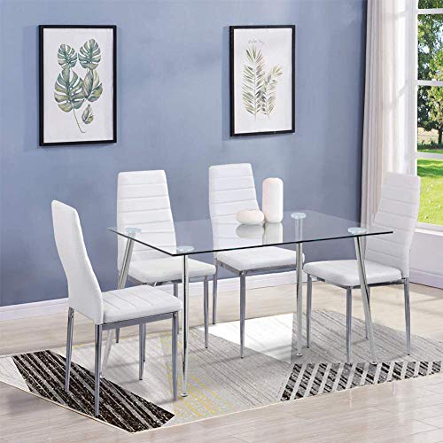 GOLDFAN Esstisch Glas mit 4 Weiß Stühlen Essgruppe Wohnzimmertisch und 4 Stuhl küchentisch Tische Set von GOLDFAN