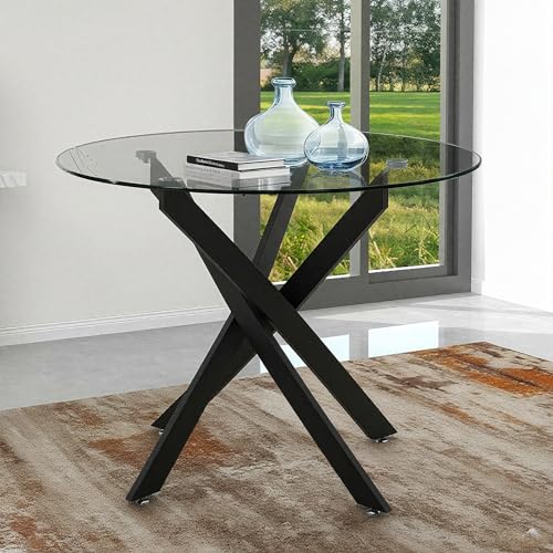 GOLDFAN Esstisch Rund Glas Moderner Küchentisch Design Glastisch Esszimmertische für Esszimmer Wohnzimmer 4-6 Personen, 90cm, Schwarz von GOLDFAN