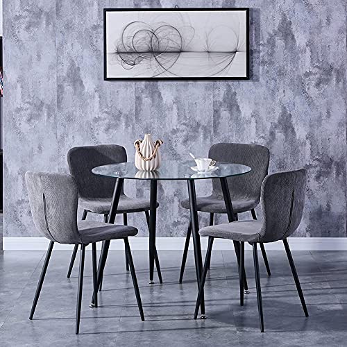 GOLDFAN Esstisch Set mit Glas Esstisch und 4 Gebogene Rückenlehne Stühlen Glastisch und Grau Stuhl Runder Tisch für Wohnzimmer Küche Büro von GOLDFAN