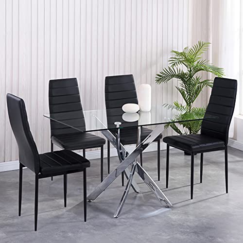 GOLDFAN Esstisch Set mit Glas Esstisch und 4 Schwarz Esszimmerstühle und Quadratischer Tisch für Wohnzimmer Küche Büro 110x70cm von GOLDFAN