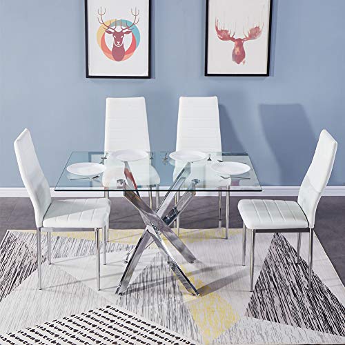GOLDFAN Esstisch Set mit Glas Esstisch und 4 Weiß Esszimmerstühle und Quadratischer Tisch für Wohnzimmer Küche Büro 110x70cm von GOLDFAN