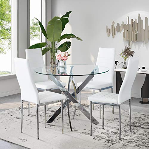 GOLDFAN Esstisch mit 4 Stühlen Esstisch Rund Glas Moderner Küchentisch Esszimmerstuhl aus Leder Küchenstuhl, Weiß von GOLDFAN