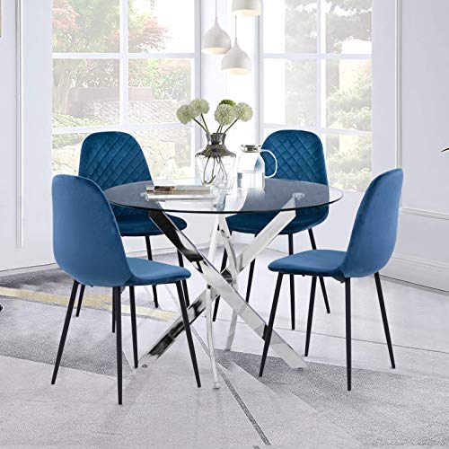 GOLDFAN Esstisch mit 4 Stühlen Moderner Esstisch Rund Glas Küchentisch Esszimmerstuhl aus Samt Küchenstuhl, 80cm, Blau von GOLDFAN