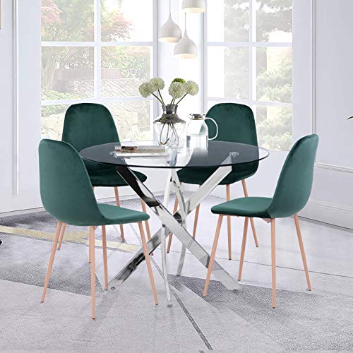 GOLDFAN Esstisch mit 4 Stühlen Moderner Esstisch Rund Glas Küchentisch Esszimmerstuhl aus Samt Küchenstuhl, Grün von GOLDFAN