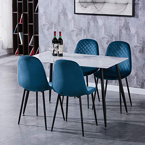 GOLDFAN Esstisch mit 4 Stühlen Rechteckiger Esstisch aus Glas Moderner Küchentisch Set Esszimmerstuhl aus Samt Küchenstuhl, Blau von GOLDFAN