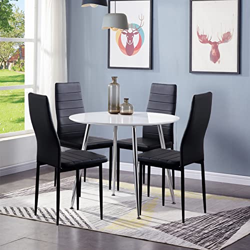 GOLDFAN Esstisch mit 4 Stühlen Set Esstisch Rund Weiß Moderner Hochglanz Küchentisch Esszimmerstuhl aus Leder，Weiß/Schwarz 90cm von GOLDFAN