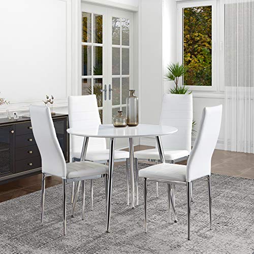 GOLDFAN Esstisch mit 4 Stühlen Set Esstisch Rund Weiß Moderner Hochglanz Küchentisch aus Holz Esszimmerstuhl aus Leder von GOLDFAN