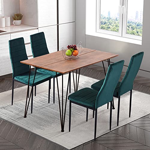 GOLDFAN Rechteckiger Tisch und 4 Stühle Esstisch mit 4 Stühlen Minimalistischer Holztisch Samtstühle für Esszimmer Küche Loungebereich, Woodgrain und Grün von GOLDFAN