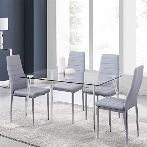 GOLDFAN Esstisch mit 4 Stühlen Set Rechteckiger Esstisch aus Glas Küchentisch Glas Tisch Esszimmerstuhl aus Leder Küchenstuhl, Silber+Grau von GOLDFAN