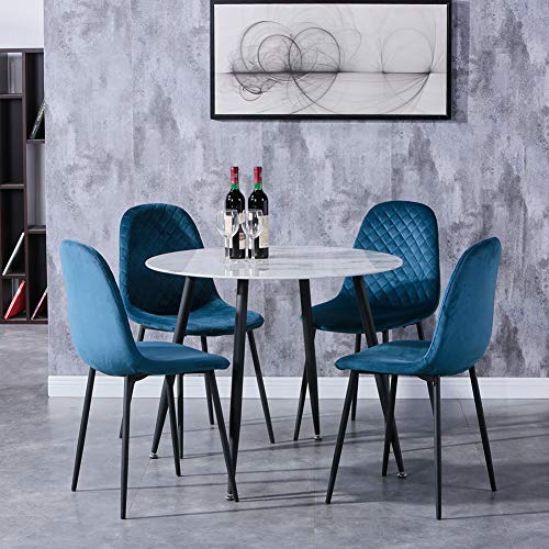 GOLDFAN Esstisch mit 4 Stuhl Marmor Glastisch Weiß und Samt Stuhl Runder Tisch Glas Wohnzimmertisch für Wohnzimmer Küche, Blau von GOLDFAN