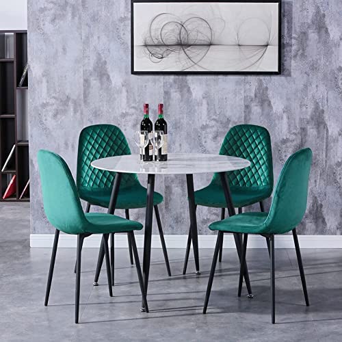 GOLDFAN Esstisch mit 4 Stuhl Marmor Glastisch Weiß und Samt Stuhl Runder Tisch Glas Wohnzimmertisch für Wohnzimmer Küche, Grün von GOLDFAN