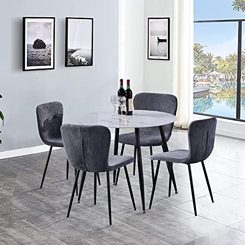 GOLDFAN Esstisch und 4 Stühle Modernes Design Runder Glas Esstisch Stoff Küchenstühle für Esszimmer Wohnzimmer Büro (Grau) von GOLDFAN