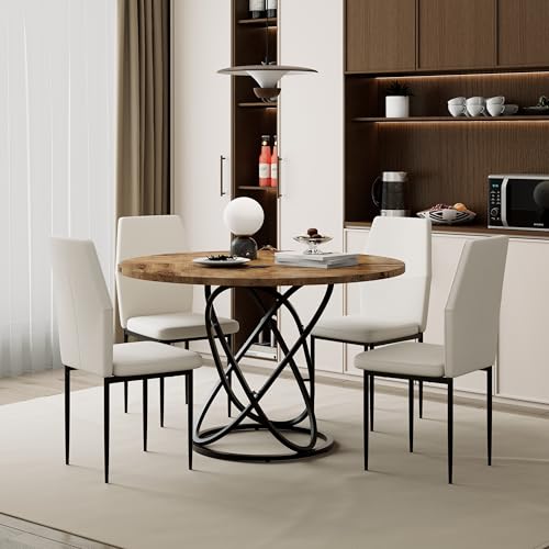 GOLDFAN Esszimmer-Set mit Rundem Tisch 120 cm und 4 Stühlen aus Bequemen Stoffen, Essgruppen Tisch 120 cm, Rund, mit Stuhl für 4-6 Personen (Beige) von GOLDFAN