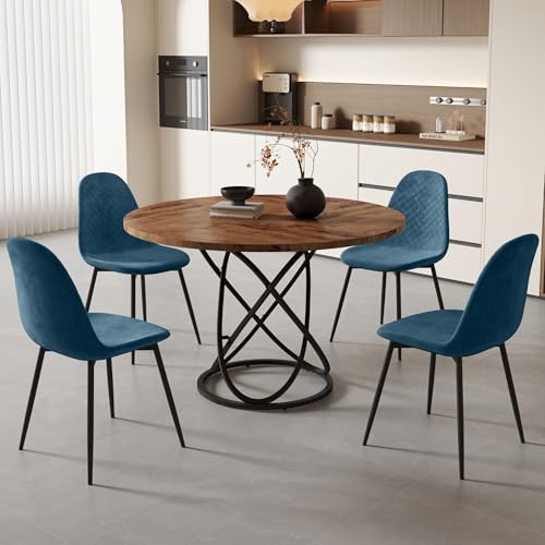 GOLDFAN Esszimmer-Set mit rundem Tisch 120 cm und 4 Stühlen aus bequemen Stoffen, großer Tisch 120 cm, rund, mit Stuhl für 4-6 Personen (Samtblau) von GOLDFAN