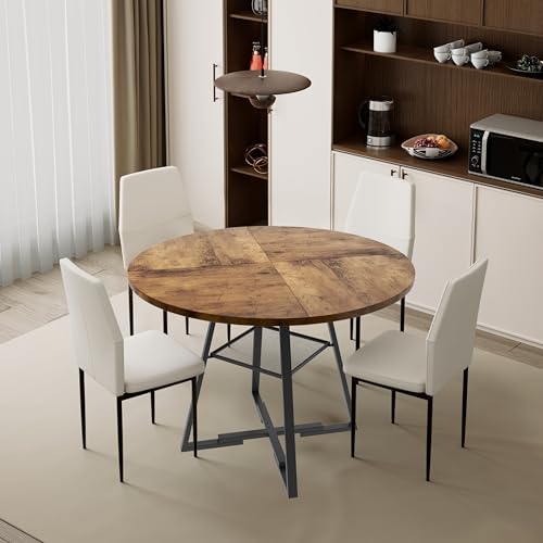 GOLDFAN Esszimmer-Set mit rundem Tisch 120 cm und 4 Stühlen aus bequemen Stoffen, großer Tisch mit 1 Offenen Ablagen, rund, mit Stuhl für 4-6 Personen (Beige) von GOLDFAN