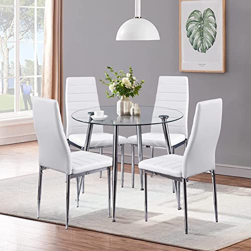 GOLDFAN Esszimmergruppe mit Glass Esstisch und 4 Stühlen Glastisch und Weiß Stuhl Runder Tisch für Wohnzimmer Küche von GOLDFAN