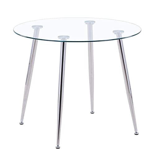 GOLDFAN Glas Esstisch Esszimmertisch Küchentisch Glas mit Verchromte Beine Moderner Stil Runder Tisch für Wohnzimmer Büro Küche Silber von GOLDFAN