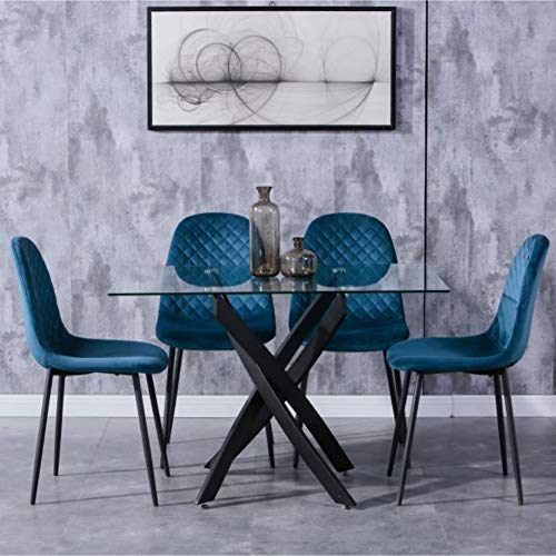 GOLDFAN Glas Esstisch Set 4 Stühle Rechteckiger Esstisch und Rückenlehne Esszimmerstuhl für Küche Wohnzimmer Büro, Blau von GOLDFAN