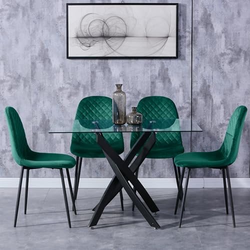 GOLDFAN Glas Esstisch Set 4 Stühle Rechteckiger Esstisch und Rückenlehne Esszimmerstuhl für Küche Wohnzimmer Büro, Grün von GOLDFAN