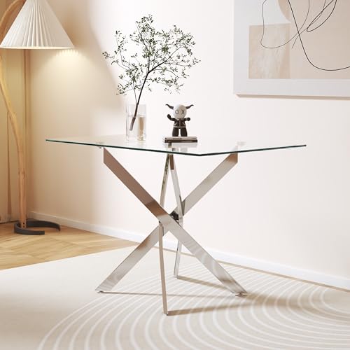GOLDFAN Glas Esstisch Küchentisch Glastisch Silberne Metalltischbeine Moderner Stil Quadratischen Tisch für Büro Küche 110cm von GOLDFAN
