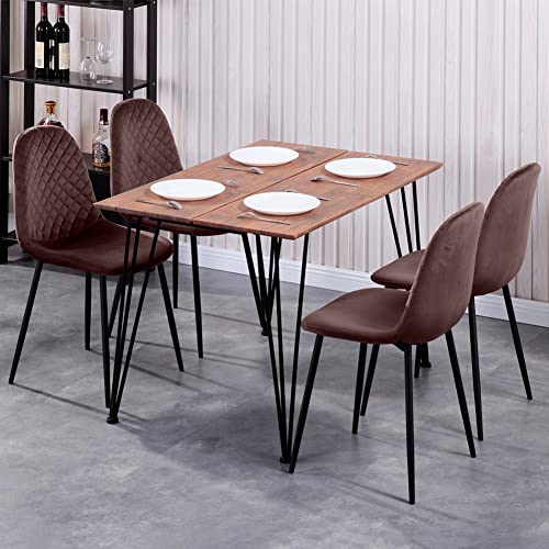 GOLDFAN Rechteckiger Tisch und 4 Stühle Esstisch mit 4 Stühlen Minimalistischer Holztisch Samtstühle für Esszimmer Küche Loungebereich, Woodgrain und Braun von GOLDFAN