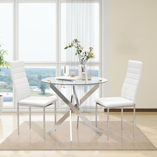 GOLDFAN Runder Esstisch Set 2 Esszimmerstühle Glastisch und 2 Stühle Metallbeine Kleines Wohnzimmer Büro Tisch Set, Weiß von GOLDFAN