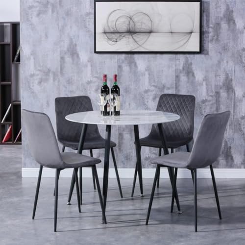 GOLDFAN Runder Esstisch Set 4 Esszimmerstühle Glastisch Marmor und 4 Samt Stühle Schwarze Metallbeine Kleines Wohnzimmer Büro Tisch Set, Grau von GOLDFAN