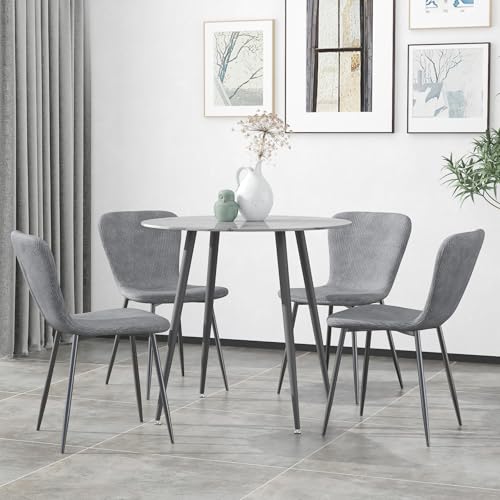 GOLDFAN Runder Esstisch Set 4 Esszimmerstühle Glastisch Marmor und 4 Stühle Schwarze Metallbeine Kleines Wohnzimmer Büro Tisch Set, Gray von GOLDFAN