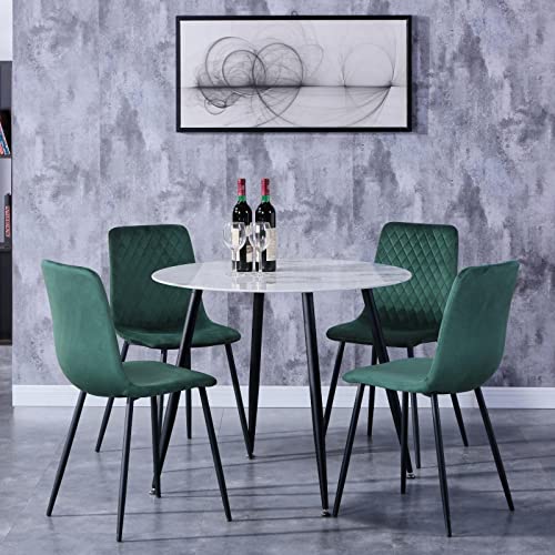 GOLDFAN Runder Esstisch Set 4 Esszimmerstühle Glastisch Marmor und 4 Stühle Schwarze Metallbeine Kleines Wohnzimmer Büro Tisch Set, Grün von GOLDFAN