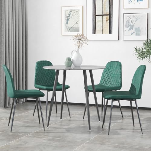 GOLDFAN Runder Esstisch Set 4 Esszimmerstühle Glastisch Marmor und 4 Stühle Schwarze Metallbeine Kleines Wohnzimmer Büro Tisch Set, Grün von GOLDFAN