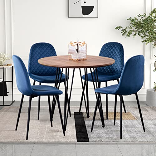 GOLDFAN Runder Esstisch Stühle Küchentisch mit 4 Vier Stoff stühle für Zuhause und Büro Geeignet zum Essen für 4 Personen, Holzmaserung +Blau von GOLDFAN