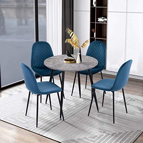 GOLDFAN Runder Esstisch mit 4 Stühlen Holz Tisch mit Metall Tischbeine Retro Design Klein Esstisch und Samt Esstischstühle Geeignet für Esszimmer Wohnzimmer Büros, Blau, 80cm von GOLDFAN