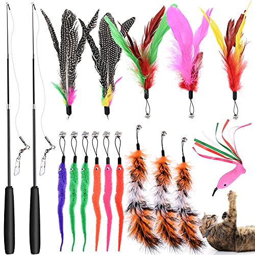 GOLDGE 17 Stück Spiele mit Federn für Katzen, 2 Stück interaktive Stäbchen einziehbar mit 15 Nachfüllfedern, interaktives Spielzeug für Katzen GOLDGE 17 Stück Spiele mit Federn für Katzen, 2 Stück interaktive Stäbchen einziehbar mit 15 Nachfüllfedern, interaktives Spielzeug für Katzen von GOLDGE