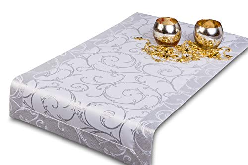 GOLDMAR Tischläufer Ganze Jahr - Polyester Lamatex Schmutzabweisend Pflegeleicht Elegante Festlich - Tischdeko Tisch Deko Familientreffen Sonntagsessen Geburtstag (Silber-muster-03, 35x180 cm) von GOLDMAR