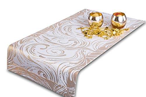 GOLDMAR Tischläufer Ganze Jahr - Polyester Lamatex Schmutzabweisend Pflegeleicht Elegante Festlich - Tischdeko Tisch Deko Familientreffen Sonntagsessen Geburtstag (Gold-muster-04, 35x220 cm) von GOLDMAR