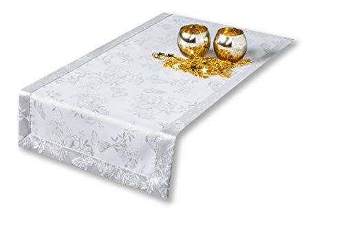 GOLDMAR Tischläufer Ganze Jahr - Polyester Lamatex Schmutzabweisend Pflegeleicht Elegante Festlich - Tischdeko Tisch Deko Familientreffen Sonntagsessen Geburtstag (Silber-muster-05, 35x140 cm) von GOLDMAR