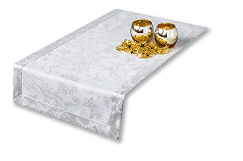 GOLDMAR Tischläufer Ganze Jahr - Polyester Lamatex Schmutzabweisend Pflegeleicht Elegante Festlich - Tischdeko Tisch Deko Familientreffen Sonntagsessen Geburtstag (Silber-muster-08, 35x140 cm) von GOLDMAR