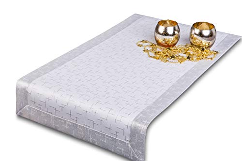 GOLDMAR Tischläufer Ganze Jahr - Polyester Lamatex Schmutzabweisend Pflegeleicht Elegante Festlich - Tischdeko Tisch Deko Familientreffen Sonntagsessen Geburtstag (Silber-muster-09, 35x140 cm) von GOLDMAR