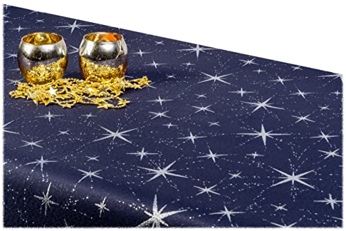 GOLDMAR Weihnachtstischdecke Fleckenresistente Schmutzabweisend Zweiseitig Tischdecke Weihnachten Advent - Polyester Lamatex Elegante Weihnachtstisch Deko (130x180 cm, Dunkelblau-Silber-Muster-01) von GOLDMAR