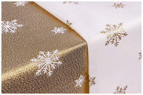 GOLDMAR Weihnachtstischdecke Fleckenresistente Schmutzabweisend Zweiseitig Tischdecke Weihnachten Advent - Polyester Lamatex Silber Gold Elegante Weihnachtstisch Deko (140x260 cm, Gold-Muster-01s) von GOLDMAR