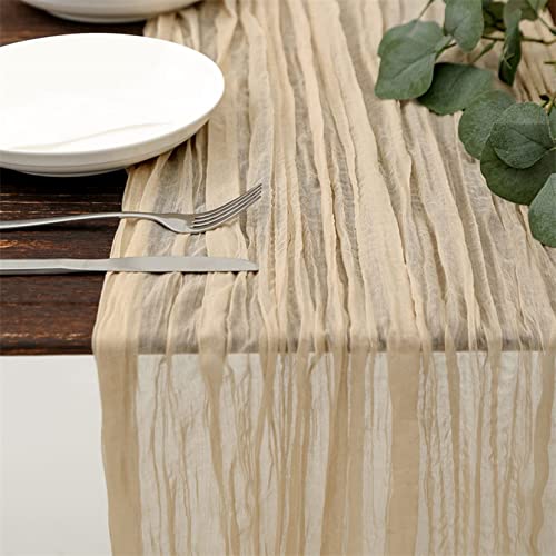 Tischläufer Boho Cheesecloth Tischläufer, Beige Lang Rustikaler Gaze-Tischläufer Tischdecke Tischdeko für Hochzeit Vintage, Geburtstag, Babyparty, Weihnachten Dekoration, 90 x 300 cm von GOLDNICE