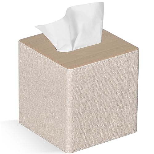 GOLRANLYE Taschentuchbox Quadratisch, PU-Leder Moderner Kosmetiktücher Box Halter für Badezimmer Schlafzimmer Esszimmer oder Büro(Beige) von GOLRANLYE